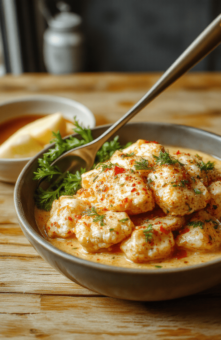 Golden-brown chicken pieces in a rich, creamy white coconut curry sauce with flecks of red chili and green cilantro, served over steamed jasmine rice in a rustic white ceramic bowl on a wooden table.