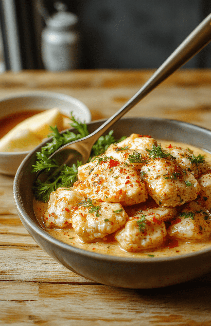 Golden-brown chicken pieces in a rich, creamy white coconut curry sauce with flecks of red chili and green cilantro, served over steamed jasmine rice in a rustic white ceramic bowl on a wooden table.