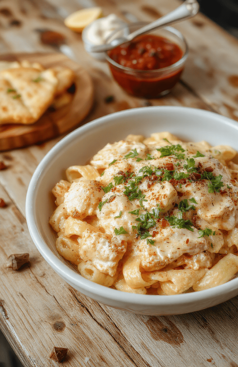 A vibrant pasta bowl with tender chicken pieces in a rich golden butter sauce dotted with fresh parsley, cherry tomatoes, and a sprinkle of parmesan, served on a rustic wooden cutting board with soft natural lighting and shallow depth of field.