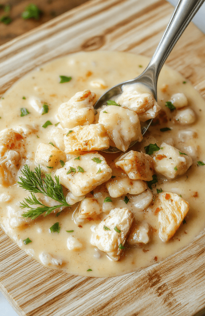 A steaming bowl of creamy chicken wild rice soup featuring tender shredded chicken, plump wild and brown rice blend, carrots, celery, and herbs, Garnished with fresh parsley on a rustic wooden spoon beside the bowl