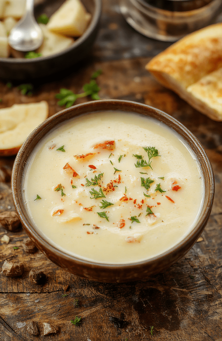A steaming bowl of creamy crockpot potato soup with chopped chives, crumbled bacon, and a dollop of sour cream on top, served in a rustic ceramic bowl against a wooden tabletop with soft natural lighting and subtle steam rising.