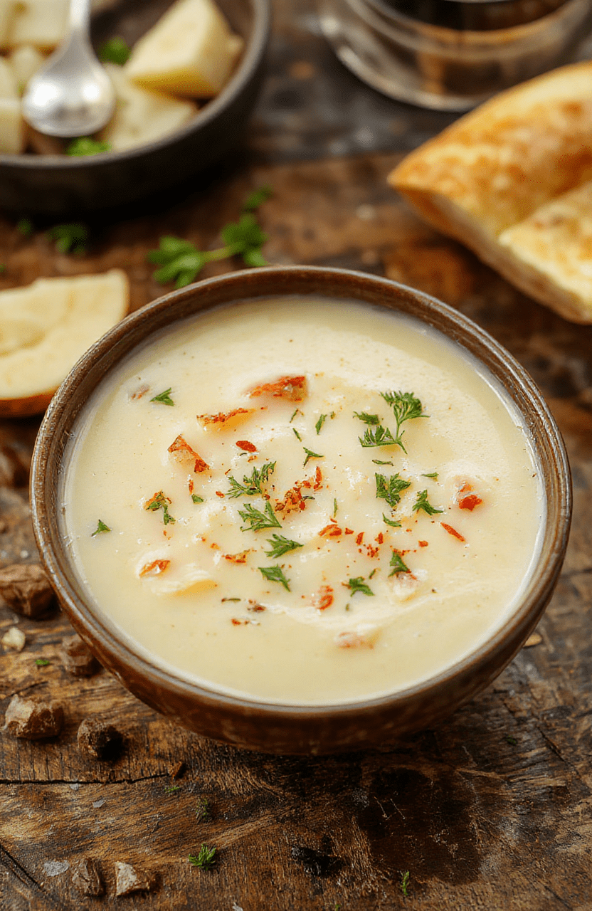 A steaming bowl of creamy crockpot potato soup with chopped chives, crumbled bacon, and a dollop of sour cream on top, served in a rustic ceramic bowl against a wooden tabletop with soft natural lighting and subtle steam rising.