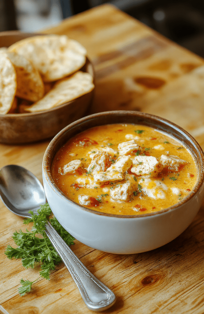 A steaming bowl of creamy enchilada soup topped with melted shredded cheddar, fresh cilantro, and a dollop of sour cream, garnished with diced red onion and sliced avocado, served in a rustic white ceramic bowl on a wooden table.
