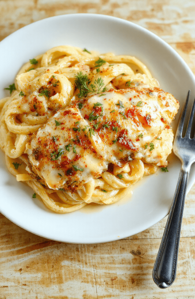 Pan-seared chicken breast smothered in rich, golden-white garlic parmesan cream sauce, garnished with fresh parsley and grated parmesan, served over al dente linguine in a white ceramic bowl against a light wood tabletop.