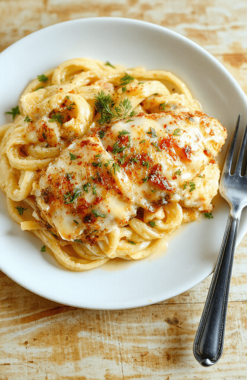 Pan-seared chicken breast smothered in rich, golden-white garlic parmesan cream sauce, garnished with fresh parsley and grated parmesan, served over al dente linguine in a white ceramic bowl against a light wood tabletop.