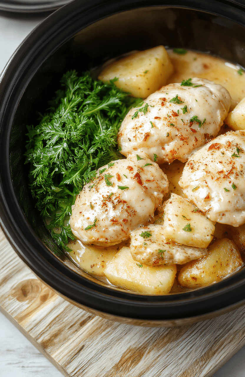 Tender golden-brown chicken thighs and baby potatoes nestled in a-rich, creamy garlic parmesan sauce, garnished with fresh parsley and a light sprinkle of grated parmesan on a rustic wooden board, soft natural light highlights the glossy glaze and tender texture.