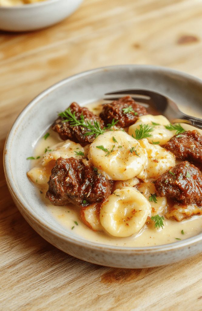 A hearty bowl of creamy garlic steak tortellini garnished with fresh parsley and cracked black pepper, showing tender cheese-filled pasta, seared steak bites, and a rich golden-white sauce with visible garlic flecks, served on a white ceramic plate against a rustic wooden table, soft natural light, shallow depth of field