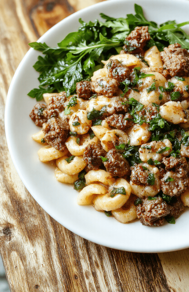 A steaming bowl of creamy ground beef orzo with tender beef crumbles, al dente orzo pasta coated in rich garlic-infused cream sauce, topped with freshly chopped parsley and a drizzle of olive oil, served on a rustic wooden board beside a small pile of sautéed garlic spinach.