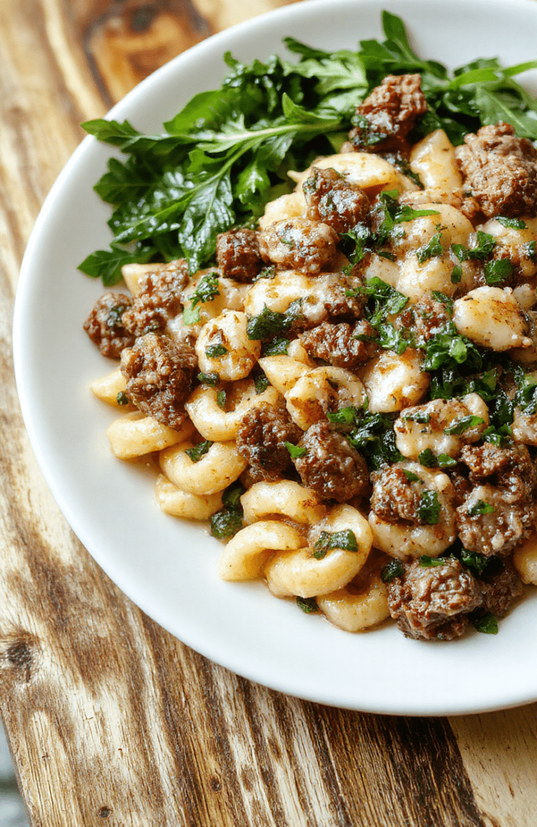 A steaming bowl of creamy ground beef orzo with tender beef crumbles, al dente orzo pasta coated in rich garlic-infused cream sauce, topped with freshly chopped parsley and a drizzle of olive oil, served on a rustic wooden board beside a small pile of sautéed garlic spinach.