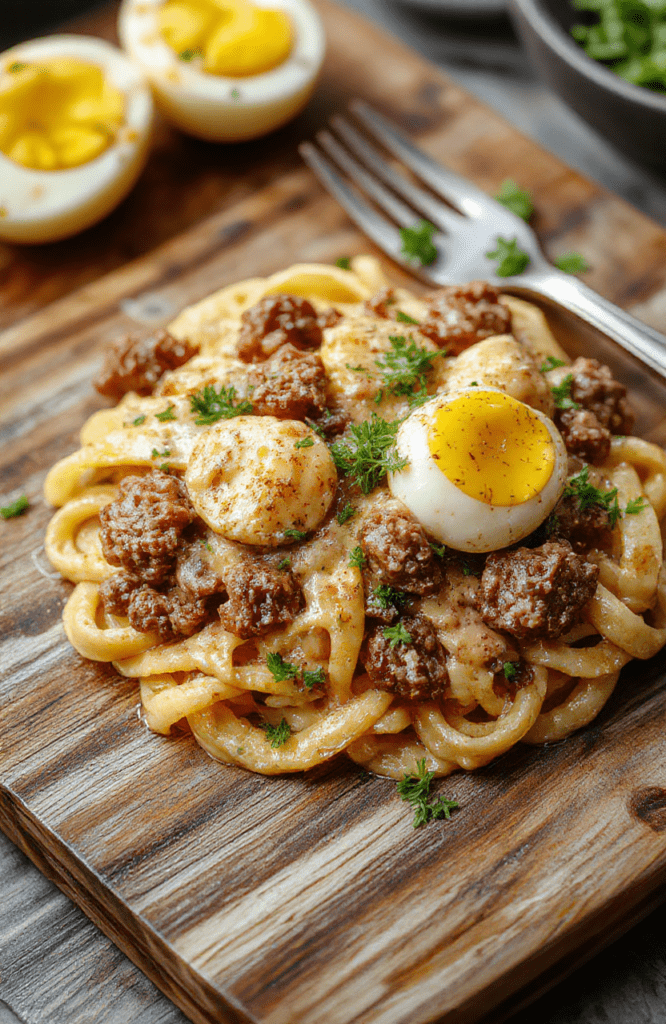 A steaming bowl of creamy ground beef stroganoff served over tender egg noodles, garnished with fresh parsley, showing rich brown sauce coats wide noodles and bite-sized beef pieces, with soft wood fiber steam rising against a rustic white ceramic bowl on alight oak table.