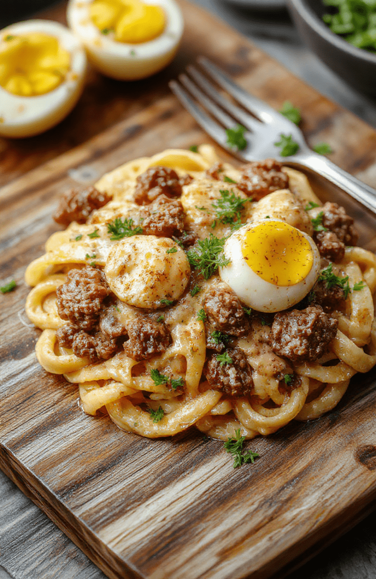A steaming bowl of creamy ground beef stroganoff served over tender egg noodles, garnished with fresh parsley, showing rich brown sauce coats wide noodles and bite-sized beef pieces, with soft wood fiber steam rising against a rustic white ceramic bowl on alight oak table.