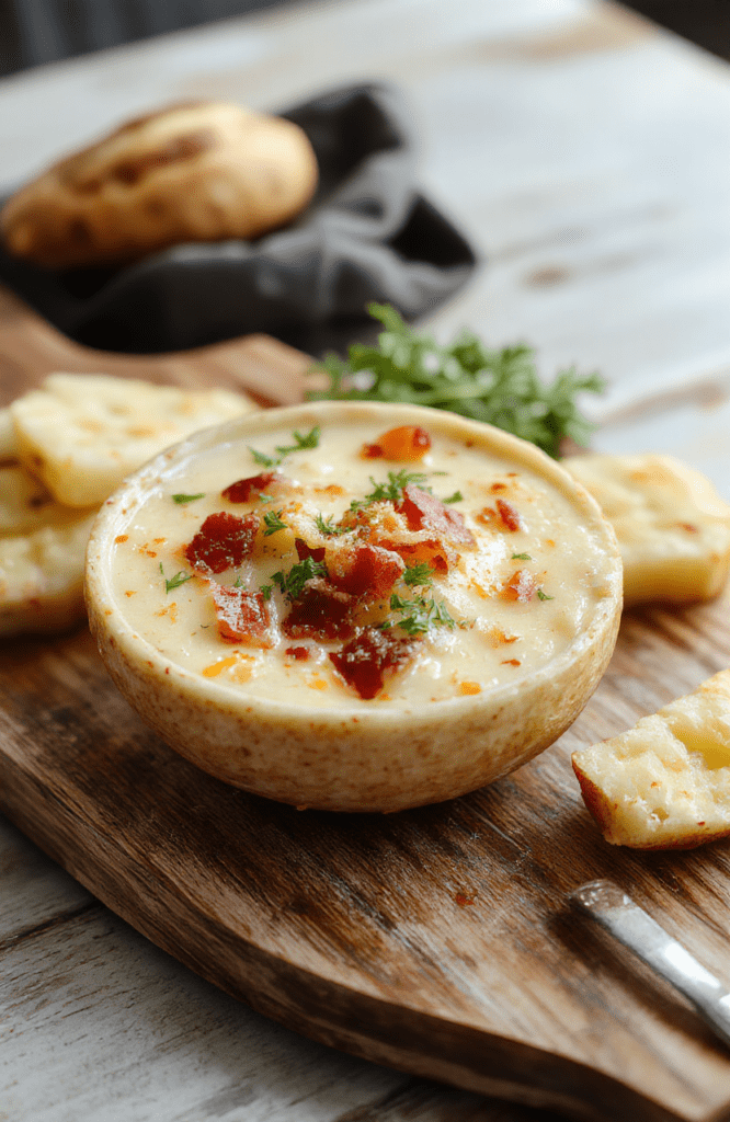 A steaming bowl of creamy loaded potato soup topped with crumbled crispy bacon, shredded sharp cheddar cheese, chopped green onions, and a dollop of sour cream. The soup has a thick, velvety texture with visible soft potato chunks and flecks of garlic and herbs. Served in a rustic white ceramic bowl on a wooden table with soft natural daylight and light shadows.
