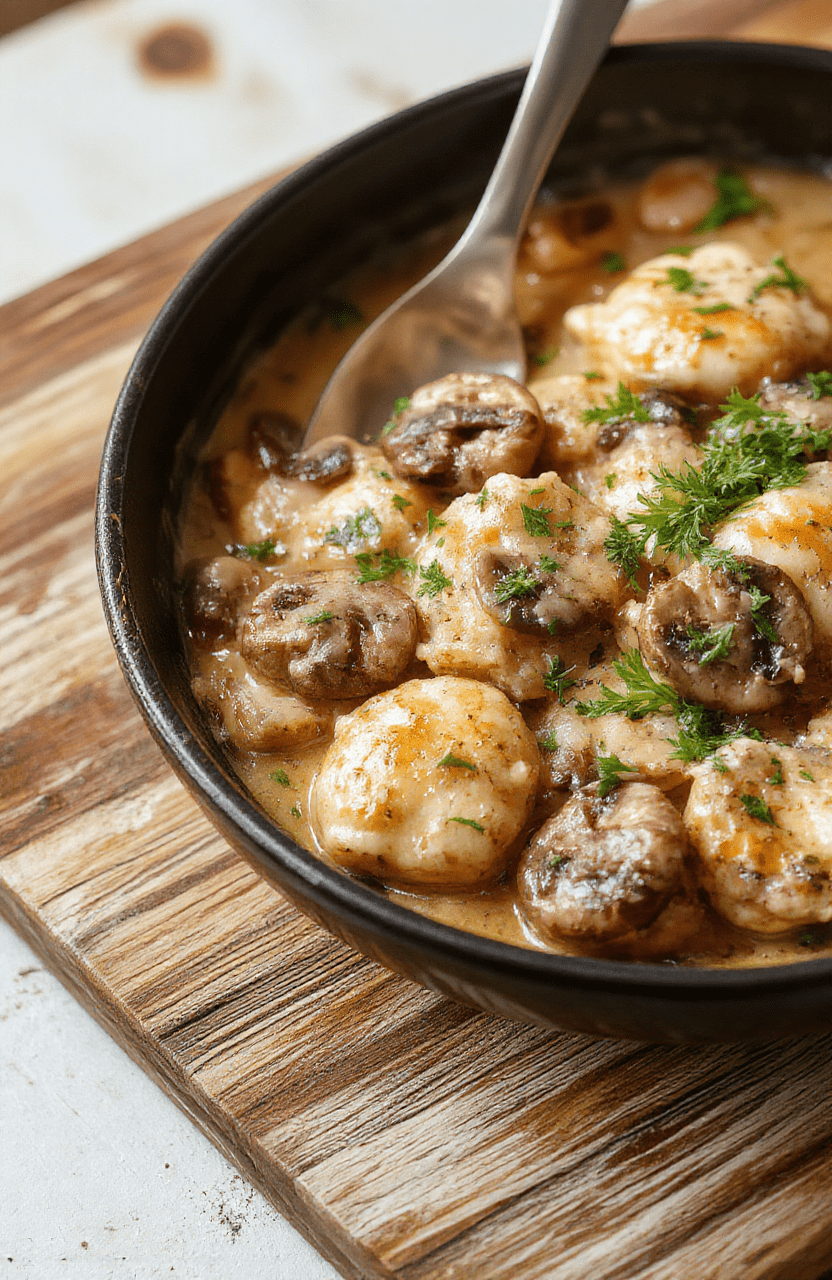 Golden-brown pan-seared chicken thighs resting in a creamy garlic mushroom sauce with fresh parsley and a hint of thyme, served in a cast iron skillet with rustic wooden spoon and coarse sea salt on the side