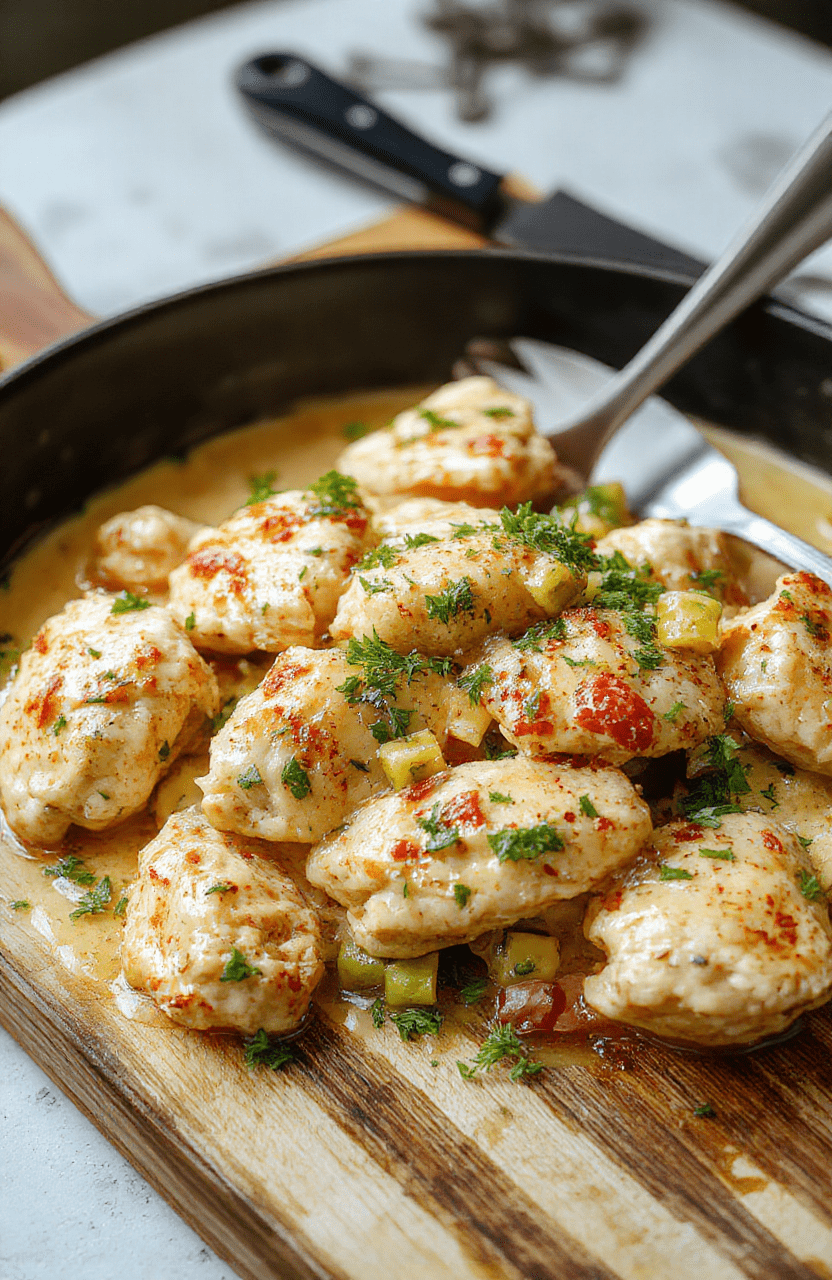 Golden-brown pan-seared chicken breasts served in a creamy sauce with sliced pepperoncini peppers and red onion, garnished with fresh parsley, served in a cast iron skillet on a wooden table.