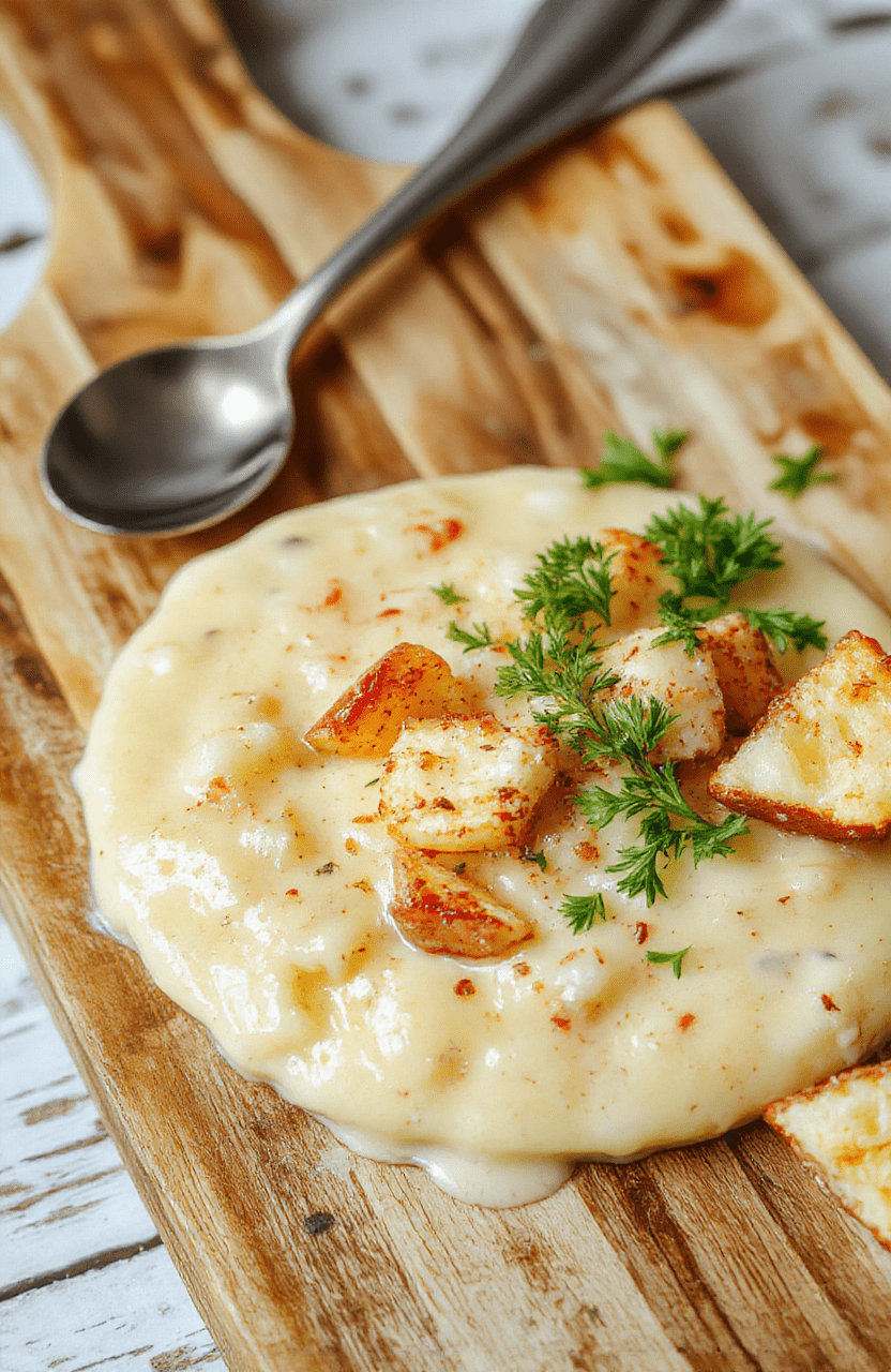 Hearts of creamy potato soup in a white bowl, garnished with chives and a drizzle of olive oil, served alongside rustic sourdough bread on a wooden cutting board, soft natural light, cozy kitchen background.