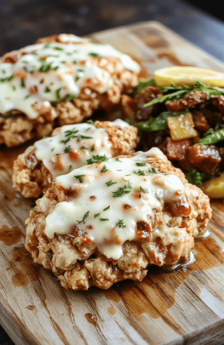 Golden-brown baked chicken thighs topped with a rich, creamy ranch sauce, drizzled with fresh lemon juice, garnished with chopped parsley and cracked black pepper, served alongside roasted baby potatoes and broccoli florets on a rustic wooden board