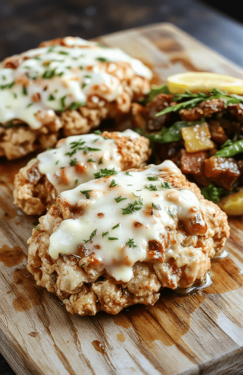 Golden-brown baked chicken thighs topped with a rich, creamy ranch sauce, drizzled with fresh lemon juice, garnished with chopped parsley and cracked black pepper, served alongside roasted baby potatoes and broccoli florets on a rustic wooden board