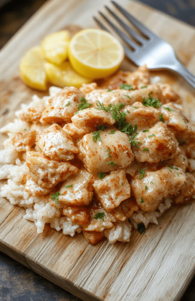 A rustic ceramic bowl filled with tender chicken pieces, fluffy white rice, and visible creamy sauce, garnished with fresh parsley and cracked black pepper. Background: light wooden table with soft warm lighting.