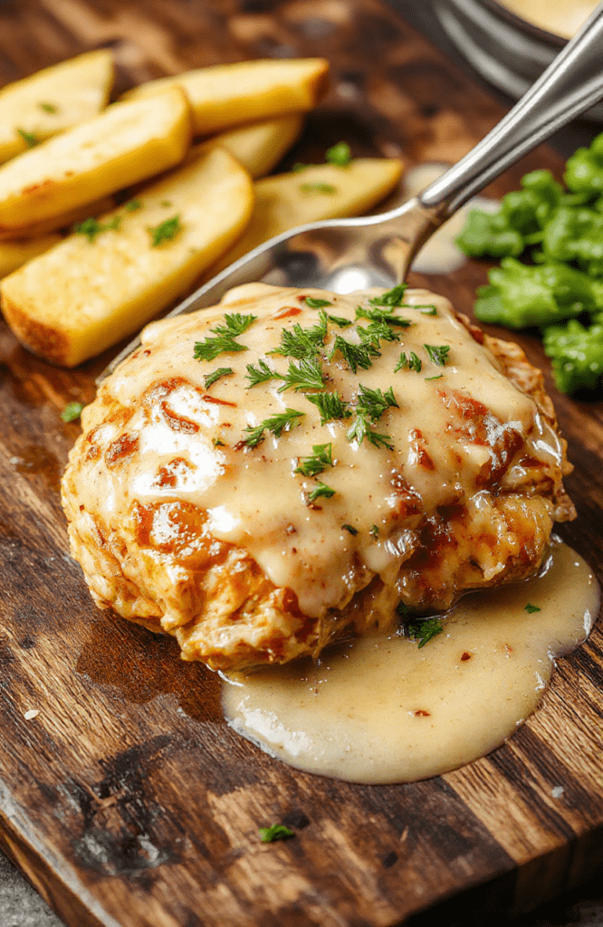 A rustic ceramic crockpot centered on a wooden table, with golden-brown chicken pieces simmering in a rich, velvety cream and herb gravy, garnished with fresh parsley and cracked black pepper. Steam rises gently, and a wooden spoon rests against the pot's rim.