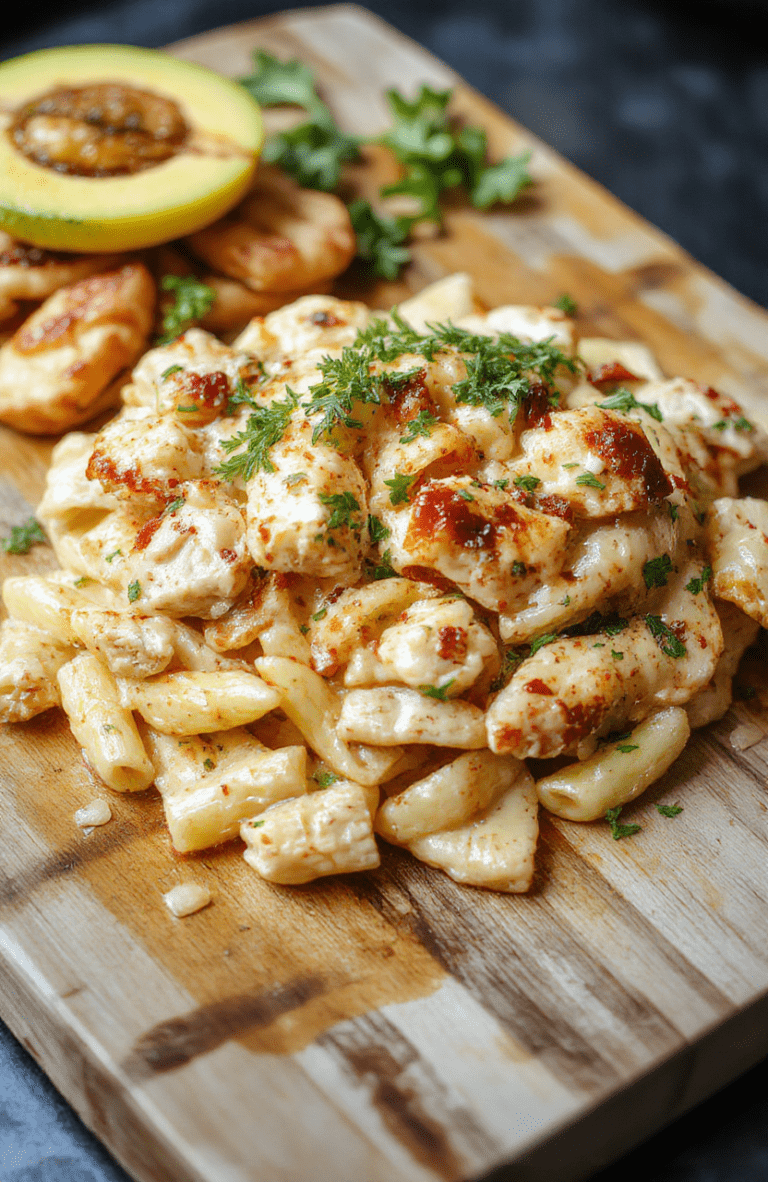 A rustic bowl of alfredo-style Southwest penne pasta with grilled chicken strips, red bell peppers, black beans, and corn, all coated in a vibrant orange-cream sauce with flecks of green cilantro and a sprinkle of shredded Monterey Jack cheese, served on a white ceramic plate with a side of lime wedges.