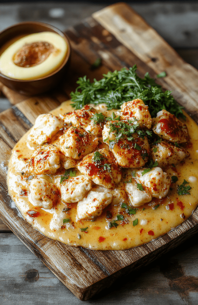 A steaming bowl of creamy spicy chicken ramen featuring thick wavy noodles in rich beige miso-based broth with vibrant red chili swirls, tender shredded chicken breast, soft-boiled egg halves, wilted bok choy, and red chili flakes sprinkled on top, plated on a rustic wooden table with soft natural lighting and minimal props.