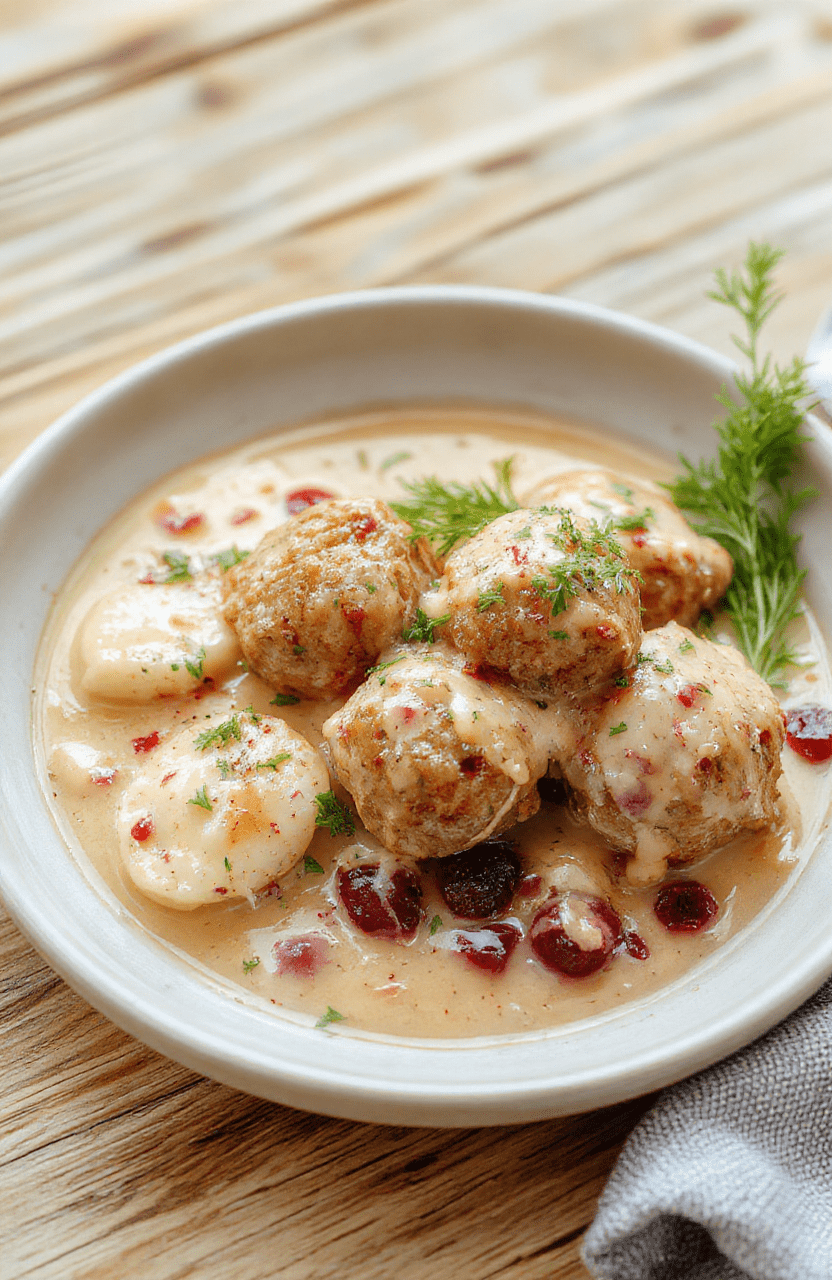 Golden-brown Swedish meatballs nestled in a creamy sauce with subtle lingonberry undertones, garnished with fresh dill and served over buttery mashed potatoes in a rustic ceramic bowl against a clean wooden tabletop.