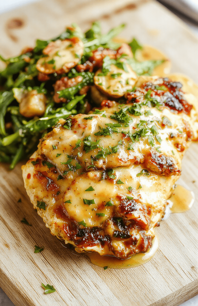 Golden-brown seared chicken thighs resting on a bed of creamy spinach and sun-dried tomato sauce, garnished with fresh basil and a sprinkle of parmesan cheese, served alongside roasted cherry tomatoes and lemon slices on a rustic wooden board in soft natural light.