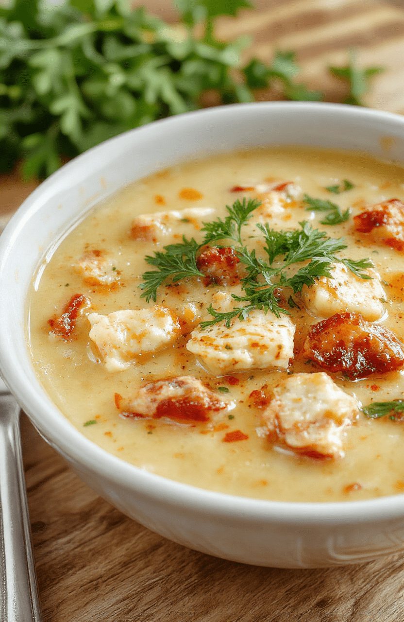 A steaming bowl of creamy Tuscan chicken soup with tender chicken pieces, cannellini beans, fresh spinach, sun-dried tomatoes, and a hint of garlic, garnished with parsley and a drizzle of olive oil, served in a rustic ceramic bowl against a soft wooden tabletop.