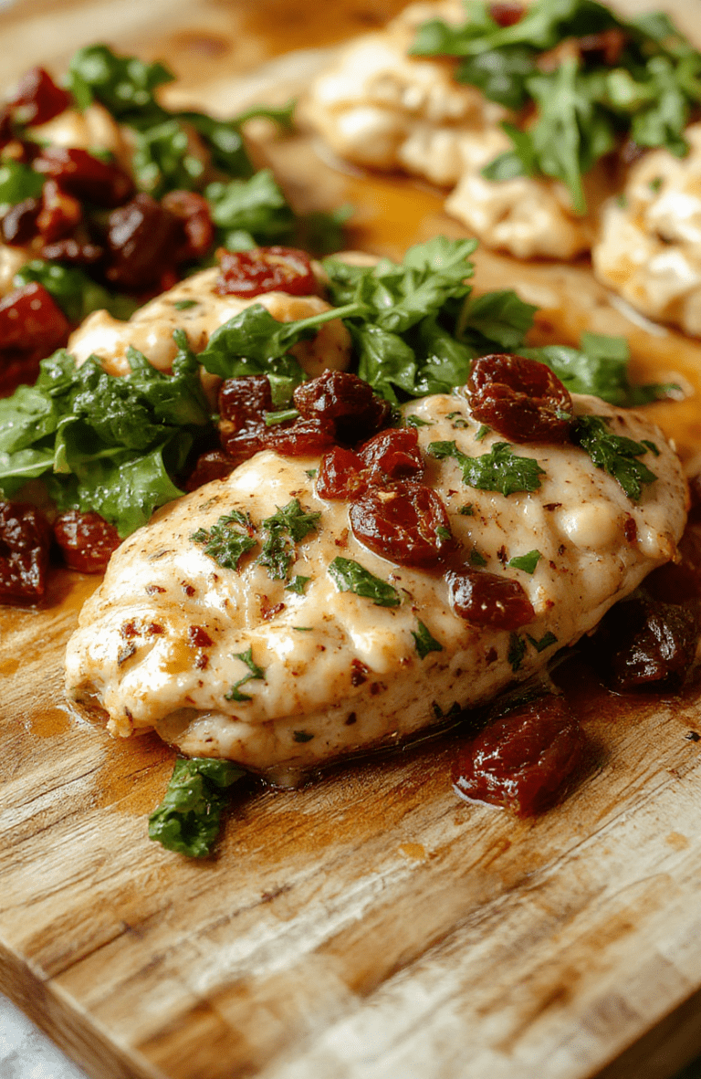 Golden-brown seared chicken breasts nestled in a creamy lemon-garlic sauce with wilted fresh spinach and plump sun-dried tomatoes, served in a rustic white ceramic dish, garnished with chopped fresh parsley and a light dusting of grated parmesan, on a light wooden board with a few scattered cherry tomatoes and basil leaves.