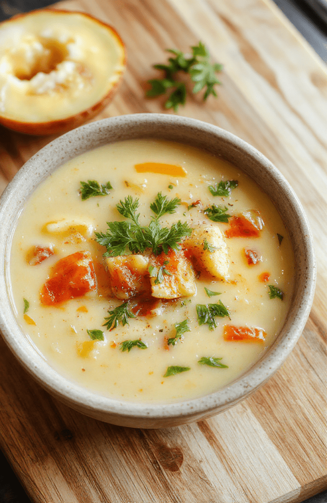 Rustic bowl of warm creamy vegetable soup with chunks of carrots, potatoes, leeks, and spinach, garnished with fresh parsley and a swirl of cream, served on a wooden table with soft natural lighting and shallow depth of field.