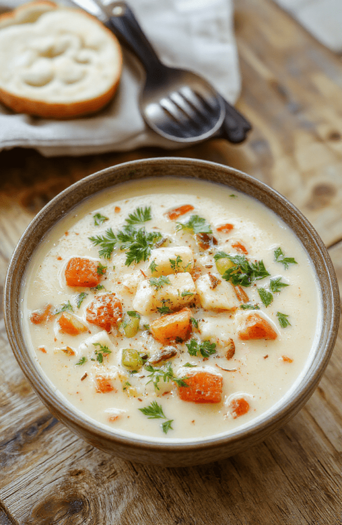 A comforting bowl of creamy vegetable soup filled with tender carrots, celery, potatoes, and flecks of green parsley, topped with a drizzle of olive oil and a sprinkle of black pepper, served in a rustic white ceramic bowl on a wooden table with soft natural lighting.