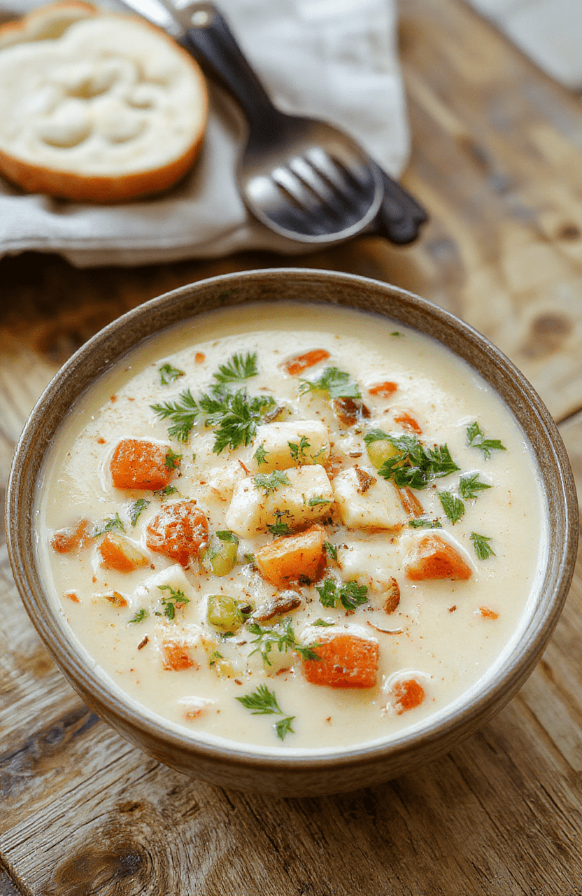 A comforting bowl of creamy vegetable soup filled with tender carrots, celery, potatoes, and flecks of green parsley, topped with a drizzle of olive oil and a sprinkle of black pepper, served in a rustic white ceramic bowl on a wooden table with soft natural lighting.