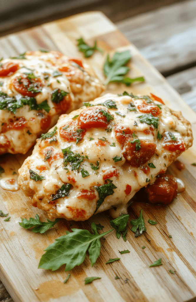 Tender chicken breasts simmered in a rich, vibrant red tomato basil sauce topped with melted mozzarella, garnished with fresh green basil leaves, served in a rustic ceramic bowl with a side of cooked pasta draped over the rim