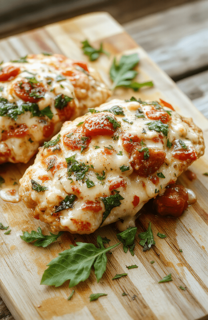 Tender chicken breasts simmered in a rich, vibrant red tomato basil sauce topped with melted mozzarella, garnished with fresh green basil leaves, served in a rustic ceramic bowl with a side of cooked pasta draped over the rim