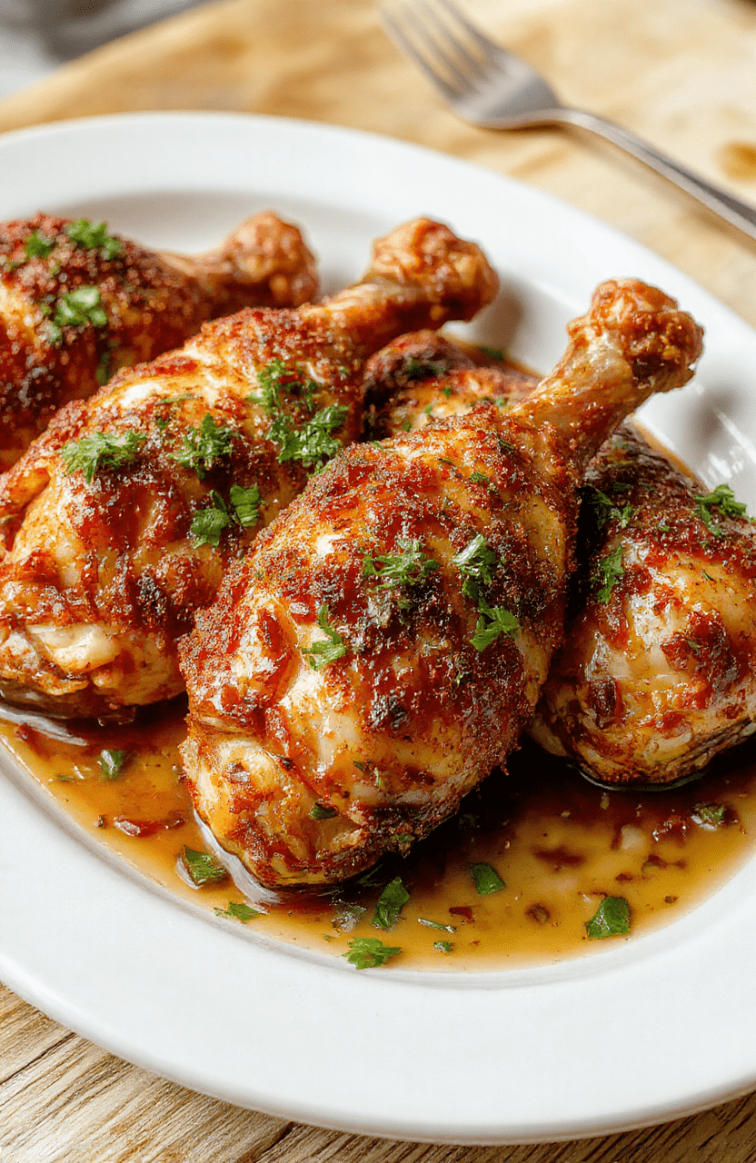 Crispy golden-brown baked chicken legs on a white ceramic plate, skin deeply caramelized with slight charred spots, resting on a bed of coarse sea salt and fresh rosemary sprigs, with droplets of golden oil glistening on the skin, shot in natural daylight with soft shadows