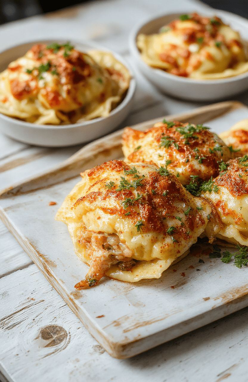 Golden-brown, oven-baked ravioli arranged in a rustic wooden bowl with a dusting of dried oregano and a drizzle of marinara sauce on the side, served on a white ceramic plate against a warm wooden table surface, soft shadows and natural daylight highlighting the crisp, flaky exterior and cheesy, steam-revealing filling.