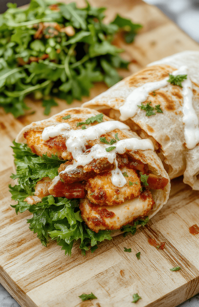 Crispy golden-brown chicken strip wrapped in a soft flour tortilla with crisp bacon, shredded lettuce, diced tomatoes, and creamy ranch drizzle, garnished with fresh chives on a rustic wooden board.