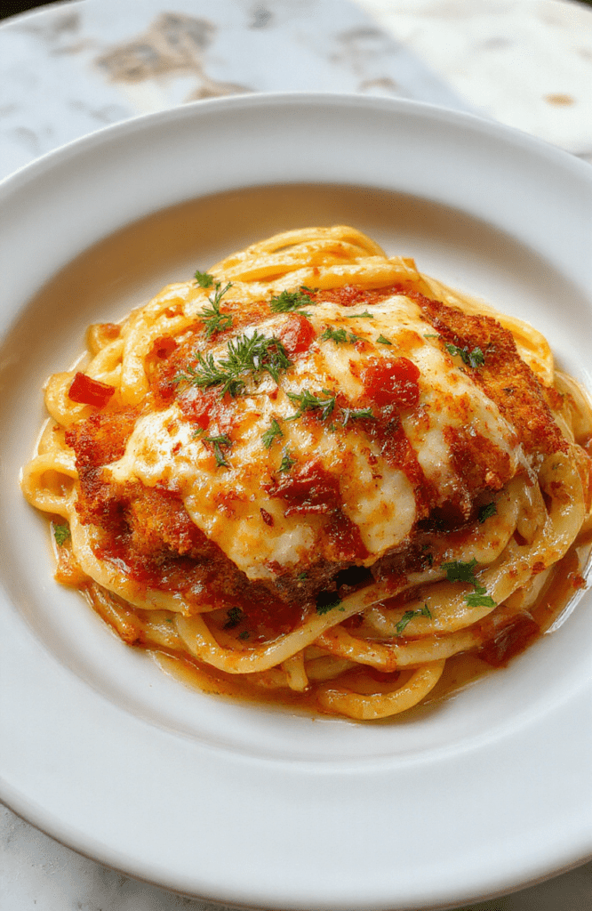 Golden-brown breaded chicken cutlet smothered in vibrant red marinara sauce and melted mozzarella and parmesan cheese, served over al dente spaghetti with fresh basil leaves and a side of garlic bread on a rustic white ceramic plate.