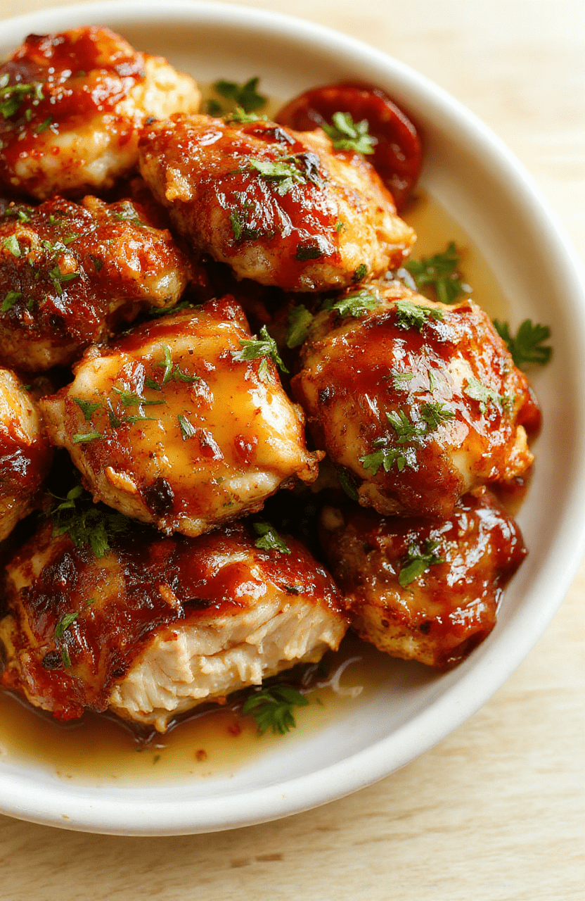Golden-crusted chicken pieces glistening with glossy honey butter glaze, served on a white ceramic plate alongside roasted baby carrots and broccoli florets, with a sprinkle of sesame seeds and fresh parsley