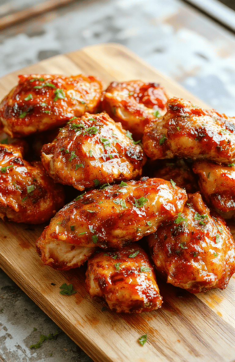 Golden-brown crispy-skinned chicken thighs glistening with sticky hot honey glaze, served on a rustic wooden board with scattered microgreens and halved red chili for contrast, steam rising softly against a soft-focus kitchen backdrop.