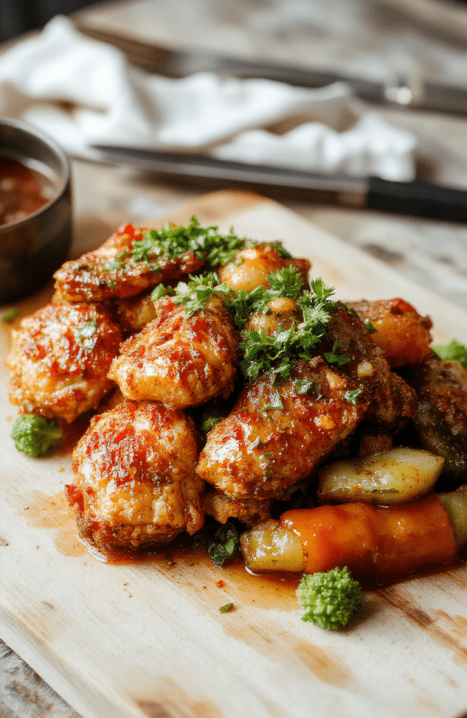 Golden-brown crispy orange chicken pieces glistening with sticky orange glaze, served over fluffy white rice with bright red bell pepper strips and green onions, arranged on a white ceramic plate with subtle steam rising.
