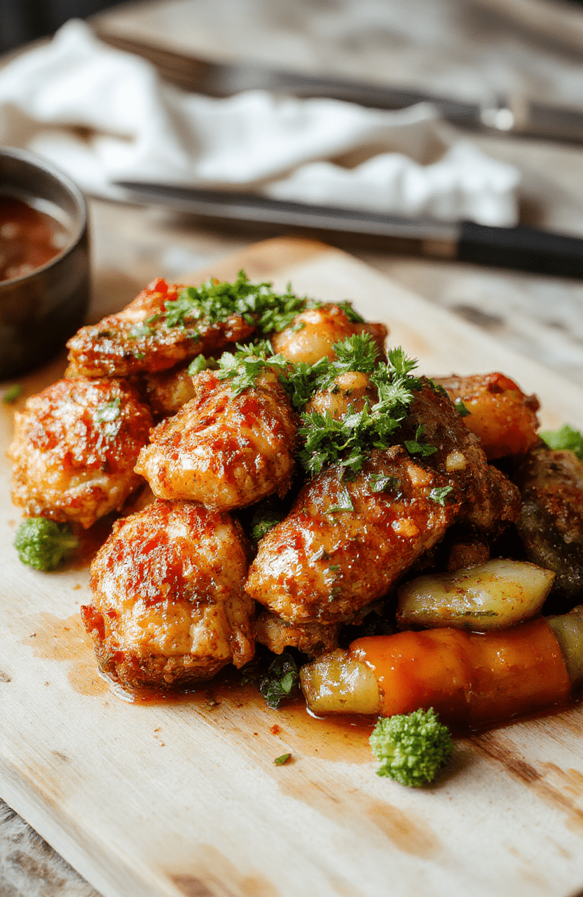 Golden-brown crispy orange chicken pieces glistening with sticky orange glaze, served over fluffy white rice with bright red bell pepper strips and green onions, arranged on a white ceramic plate with subtle steam rising.