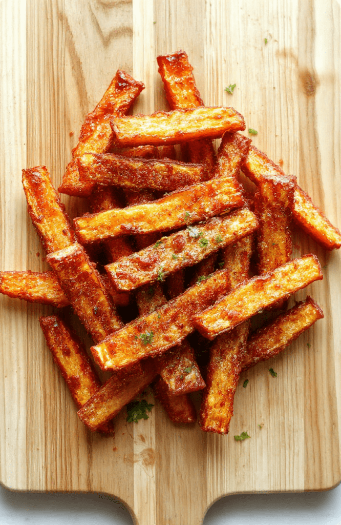 Golden-brown crispy sweet potato fries arranged in a rustic wooden bowl with a light dusting of sea salt, fresh parsley, and a drizzle of olive oil, placed on a light oak cutting board with subtle shadows and soft natural daylight