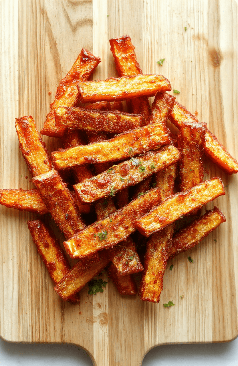 Golden-brown crispy sweet potato fries arranged in a rustic wooden bowl with a light dusting of sea salt, fresh parsley, and a drizzle of olive oil, placed on a light oak cutting board with subtle shadows and soft natural daylight