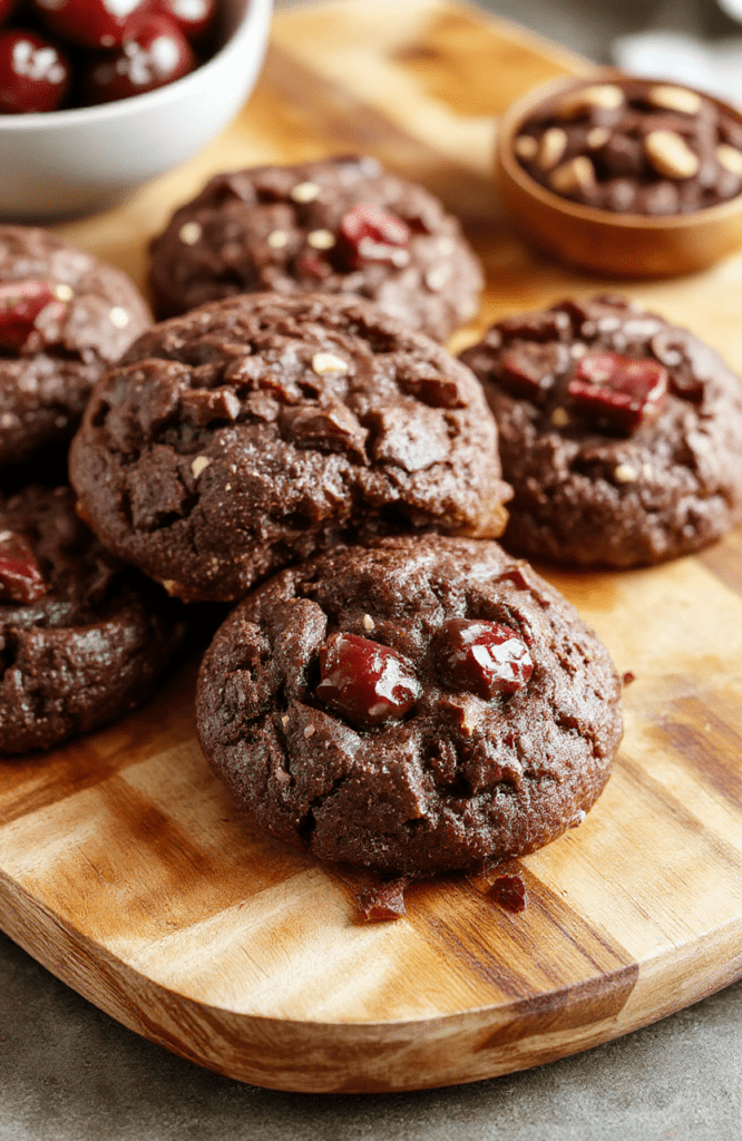 Close-up of fudgy chocolate cookies studded with plump dried cherries and dark chocolate chips, placed on a rustic wooden board.Cookies have a crackled surface with visible bursts of chewy cherries and glossy chocolate chunks. Soft natural daylight highlighting the rich brown tones and moist texture.