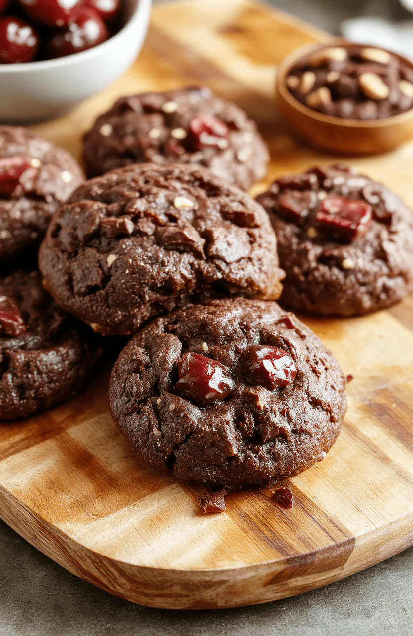 Close-up of fudgy chocolate cookies studded with plump dried cherries and dark chocolate chips, placed on a rustic wooden board.Cookies have a crackled surface with visible bursts of chewy cherries and glossy chocolate chunks. Soft natural daylight highlighting the rich brown tones and moist texture.