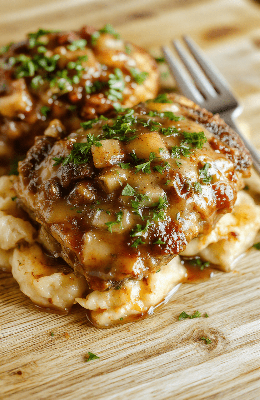 Golden-brown seared pork chops nestled in a creamy mushroom and onion gravy, garnished with fresh parsley, served on a rustic ceramic plate with soft steam rising—background is light wood countertop with subtle natural lighting.