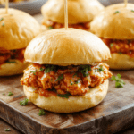 Three mini buffalo chicken sliders on a rustic wooden board, dripping with tangy red buffalo sauce, nestled between toasted kaiser buns, topped with crisp lettuce, juicy tomato slices, and a dollop of blue cheese crumbles. Fresh herbs sprinkle the edges, with a side of celery sticks and carrot logs dressed in olive oil.