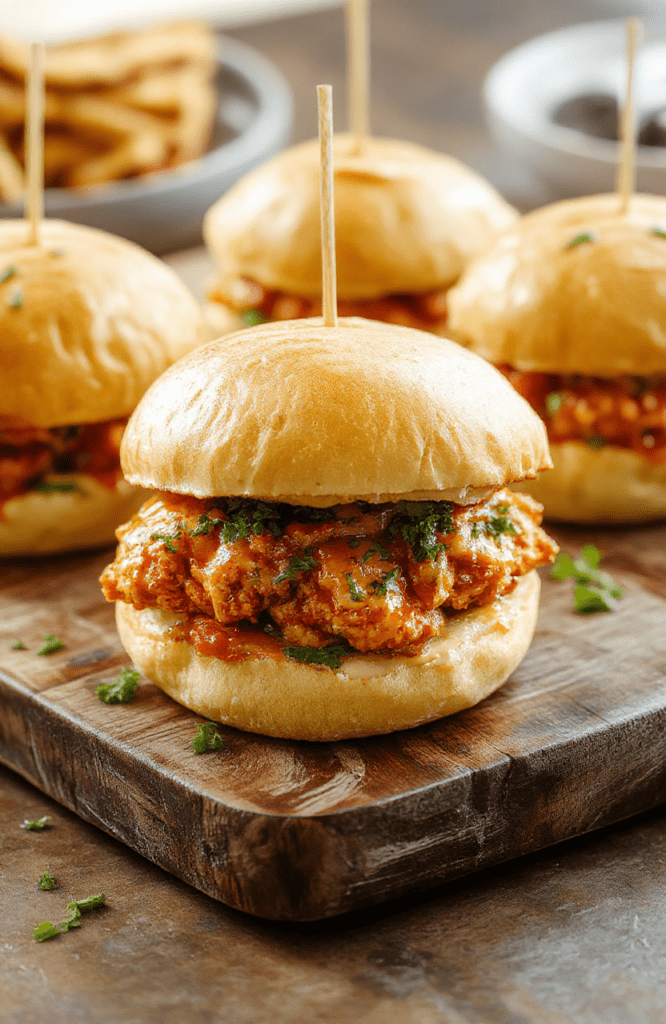 Three mini buffalo chicken sliders on a rustic wooden board, dripping with tangy red buffalo sauce, nestled between toasted kaiser buns, topped with crisp lettuce, juicy tomato slices, and a dollop of blue cheese crumbles. Fresh herbs sprinkle the edges, with a side of celery sticks and carrot logs dressed in olive oil.