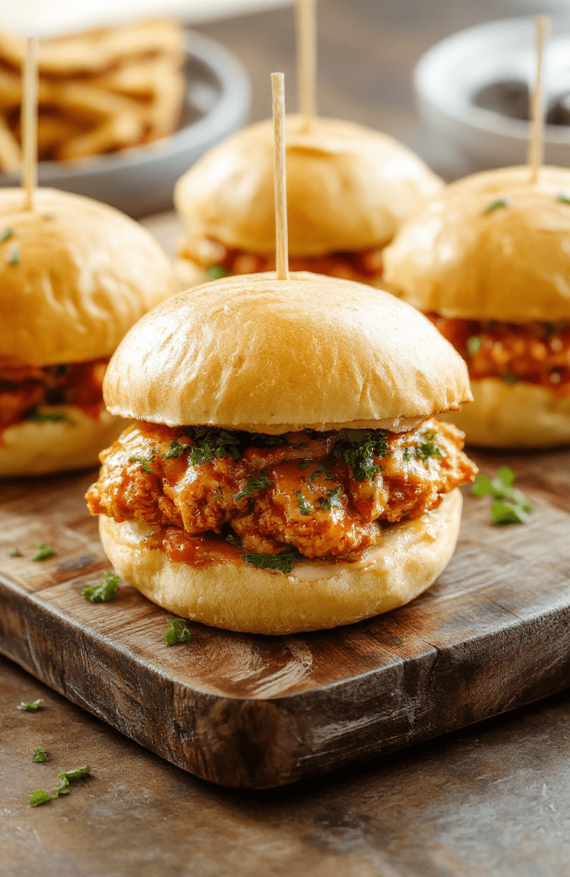 Three mini buffalo chicken sliders on a rustic wooden board, dripping with tangy red buffalo sauce, nestled between toasted kaiser buns, topped with crisp lettuce, juicy tomato slices, and a dollop of blue cheese crumbles. Fresh herbs sprinkle the edges, with a side of celery sticks and carrot logs dressed in olive oil.
